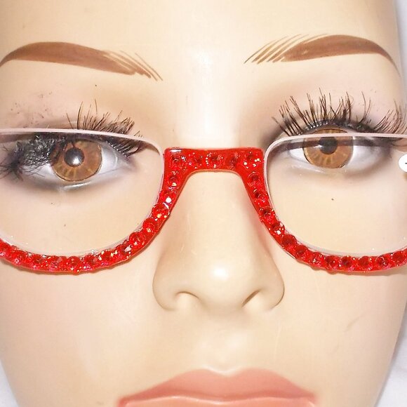 READING GLASSES HALF MOON HALF RIM RED RHINESTONES 3.50 STRENGTH - Picture 2 of 4